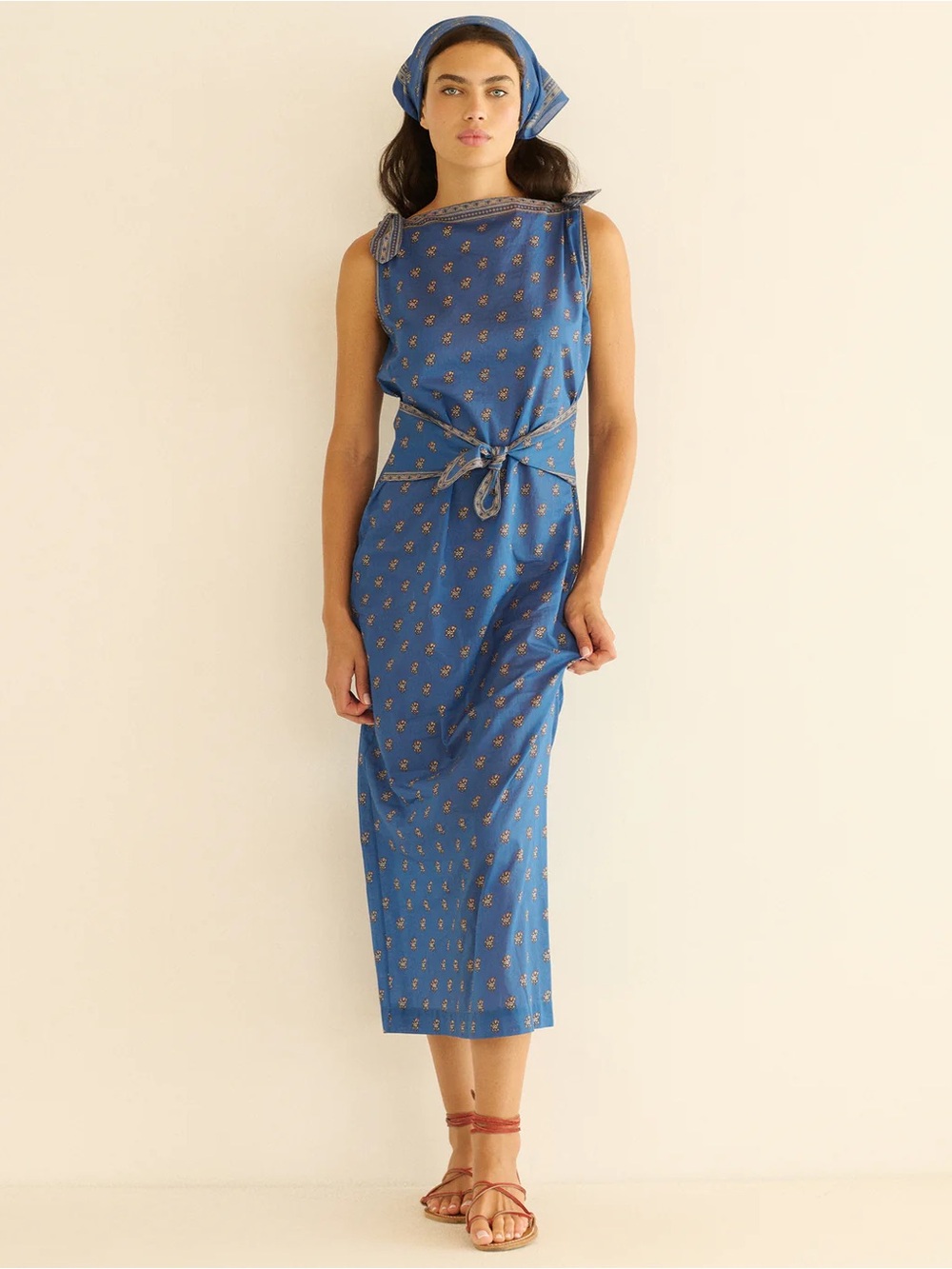 Doen Blue Printed Midi Dress with Tie Waist